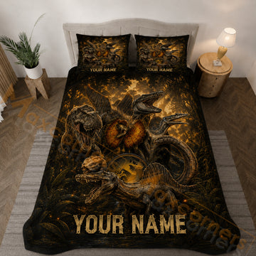 Maxcorners Golden Dinosaur Jungle Adventure Bedding Set 3D Print Custom Name