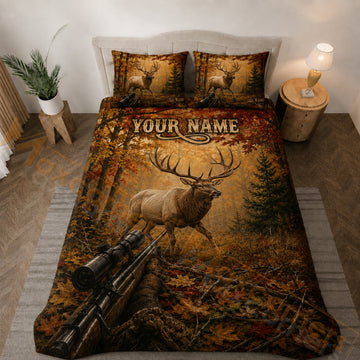 Maxcorners Autumn Elk Hunting Forest Bedding Set 3D Print Custom Name