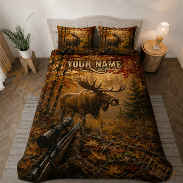 Maxcorners Autumn Moose Hunting Forest Bedding Set 3D Print Custom Name