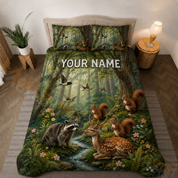 Maxcorners Green Woodland Wildlife Forest Bedding Set 3D Print Custom Name