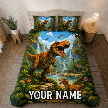 Maxcorners Orange T-Rex Tropical Dinosaur Jungle Bedding Set 3D Print Custom Name