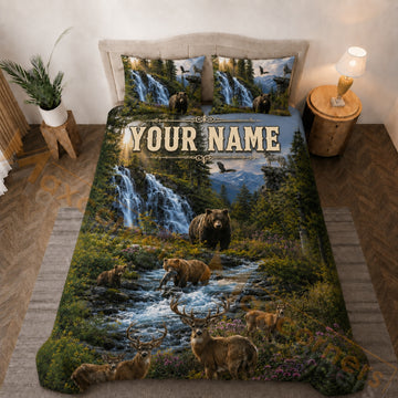Maxcorners Mountain Wildlife Waterfall Forest Bedding Set 3D Print Custom Name