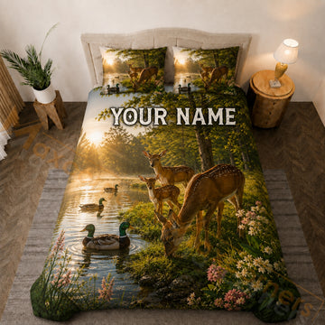 Maxcorners Golden Sunset Deer & Duck Forest Lake Bedding Set 3D Print Custom Name