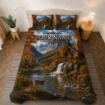 Maxcorners Autumn Mountain Cabin Deer Waterfall Bedding Set 3D Print Custom Name
