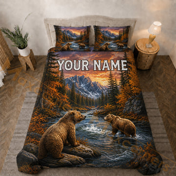 Maxcorners Orange Sunset Bear Mountain River Bedding Set 3D Print Custom Name