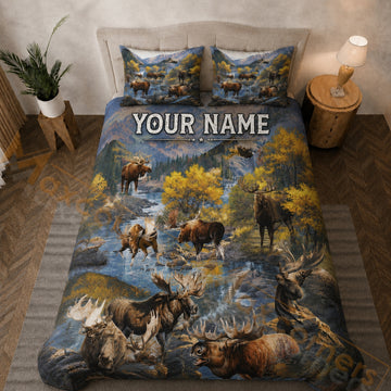 Maxcorners Blue & Golden Moose Mountain Wildlife Bedding Set 3D Print Custom Name