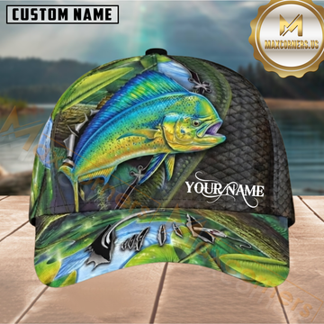 Maxcorners Fishing Mahi Mahi Tropical Green Scale Pattern Customized Name 3D Cap