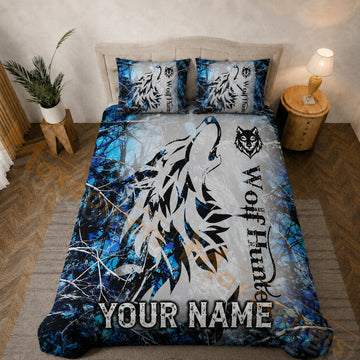 Maxcorners Personalized Wolf Hunting Bedding Set Howling Wolf Blue Forest Camo Custom Name