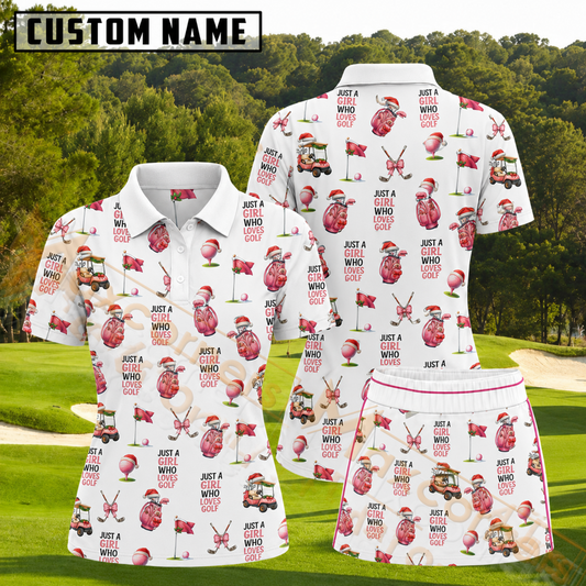 Maxcorners Red and Pink Christmas Girl Who Loves Golf Pattern 3D Golf Shirt and Skirt (No Personalized Name)