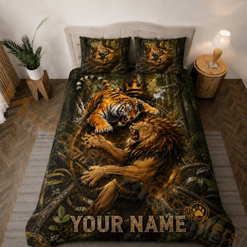 Maxcorners Personalized Lion & Tiger Bedding Set Wildlife King Jungle Custom Name