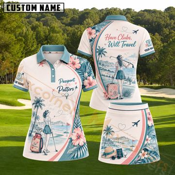 Maxcorners Cream Teal Tropical Beach Travel Golfer Girl Personalized Name 3D Golf Shirt and Skirt