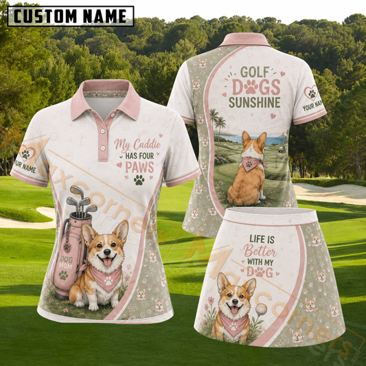 Maxcorners Cream Pink Corgi My Caddie Has Four Paws Personalized Name 3D Golf Shirt and Skirt