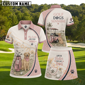 Maxcorners Cream Dusty Pink Golden Retriever My Caddie Has Four Paws Personalized Name 3D Golf Shirt and Skirt