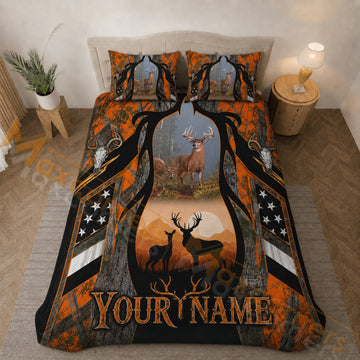Maxcorners Personalized Deer Hunting Bedding Set Orange Camo Buck American Flag Custom Name