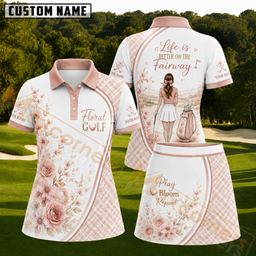 Maxcorners White Blush Pink Plaid Floral Rose Personalized Name 3D Golf Shirt and Skirt