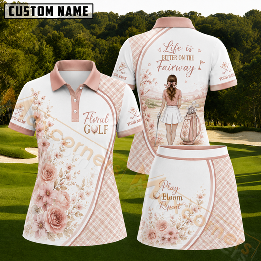 Maxcorners White Blush Pink Plaid Floral Rose Personalized Name 3D Golf Shirt and Skirt