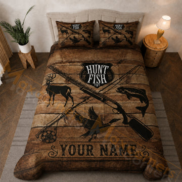 Maxcorners Rustic Hunt Fish Deer Duck Rifle Fishing Brown Black Bedding Set 3D Print Custom Name