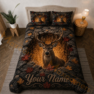 Maxcorners Wild Deer Autumn Forest Rocky Cave Dark Brown Bedding Set 3D Print Custom Name