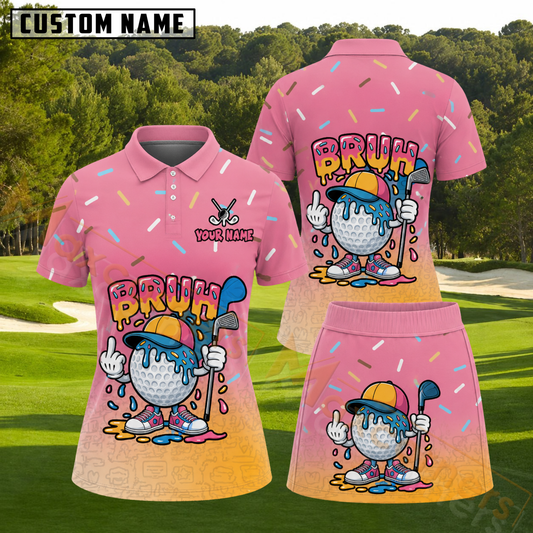 Maxcorners Pink Sprinkles Bruh Dripping Golf Ball Personalized Name 3D Golf Shirt and Skirt