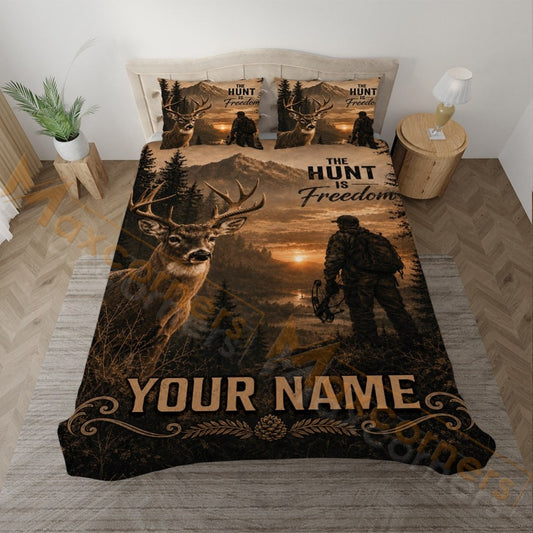 Maxcorners Deer Hunter Mountain Forest Brown Sunset Bedding Set 3D Print Custom Name