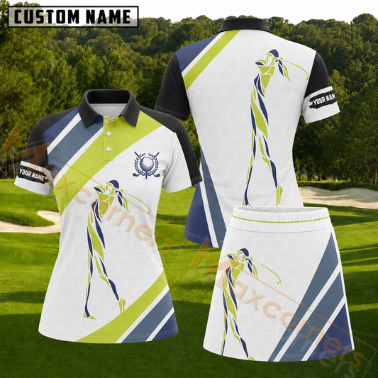 Maxcorners Lime Green Lady Golfer Personalized Name 3D Golf Shirt and Golf Skirt