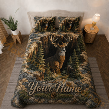 Maxcorners Brown Green Deer Rocky Forest Bedding Set 3D Print Custom Name