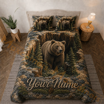 Maxcorners Brown Green Bear Rocky Forest Bedding Set 3D Print Custom Name