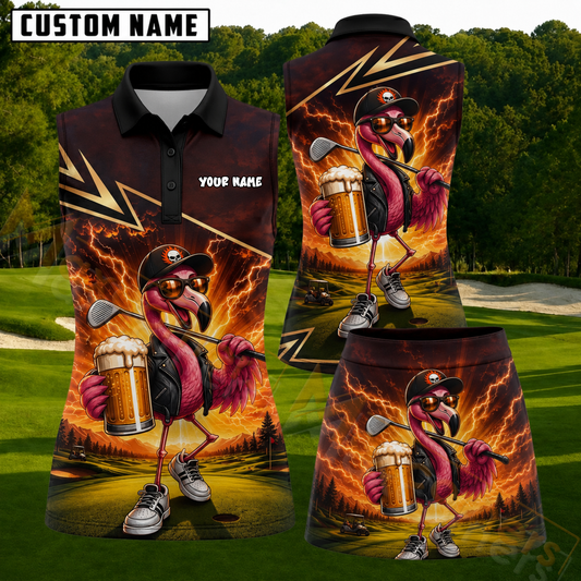 Maxcorners Black Orange Cool Flamingo Personalized Name 3D Golf Shirt and Golf Skirt