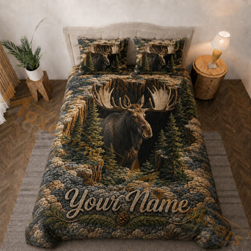 Maxcorners Brown Green Moose Rocky Forest Bedding Set 3D Print Custom Name