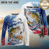 Maxcorners Walleye Fishing Patriotic American Flag Wave White Skin Custom Name & Team Name 3D Shirts TU1807