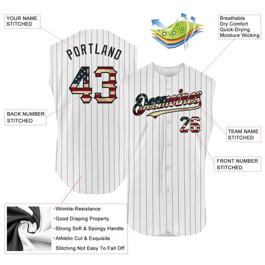 Maxcorners Custom Black Cream Pinstripe Vintage USA Flag Premium Sleeveless Baseball Jersey LM0210