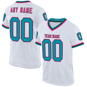 Maxcorners Custom White Teal Black-Pink Mesh Authentic Throwback Football Jersey LM2605