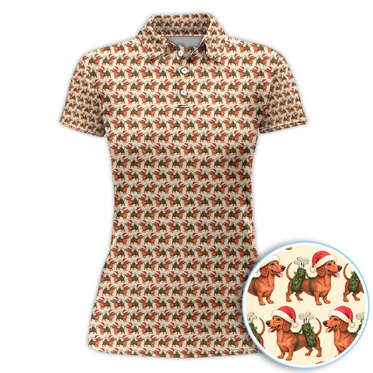 Maxcorners Funny Christmas Dachshund Pattern Polos, Xmas Golf Shirt For Men, Golf Gift For Golfer
