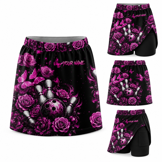 Maxcorners Bowling Purple Butterfly Rose Skull Personalized 3D Skort, Skirts With Shorts