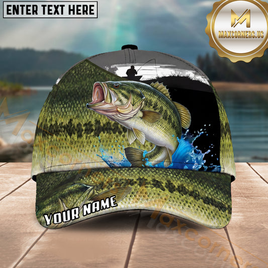 Maxcorners Fishing Green Scale Angler Silhouette Water Splash Personalized Name 3D Cap (12 Fish Species)