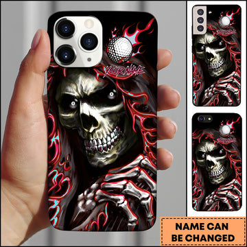 Maxcorners Golf Badass Flaming Skull Holding Golf Ball Crimson Red Personalized Phone Case