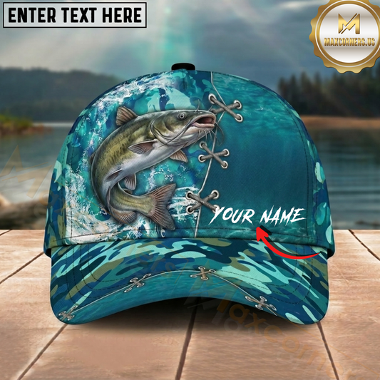 Maxcorners Fishing Aqua Camouflage Lace Up Personalized 3D Cap (12 Fish Species)