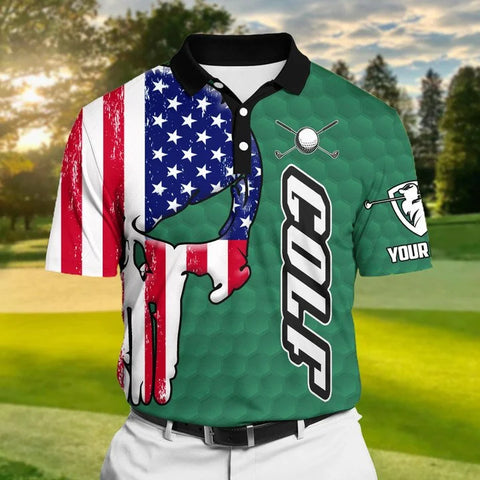 MaxCorners Premium Skull Usa Flag Green Pattern Golf Polo Shirts Multicolored Customized Name Polo For Men