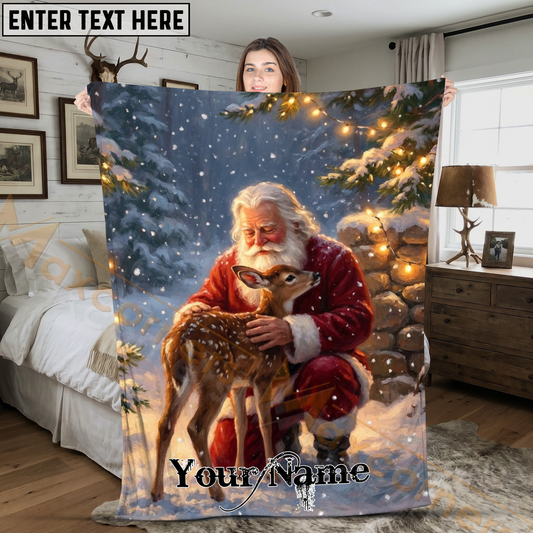 Maxcorners Magical Christmas Santa Claus and Baby Fawn Snowy Forest Personalized 3D Blanket