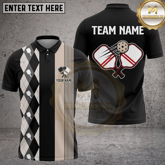 Maxcorners Pickleball Polo Classic Argyle Paddle Emblem Multiple Options Personalized Name, Team Name 3D Shirt
