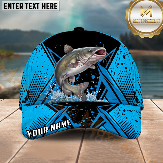 Maxcorners Fishing Blue Black Geometric Halftone Splash Personalized Name 3D Cap (12 Fish Species)
