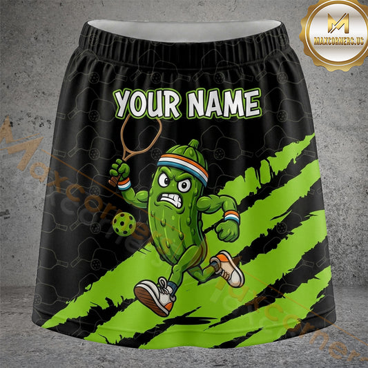 Maxcorners Pickleball Black Green Pickle Hero Personalized 3D Skort, Skirts With Shorts