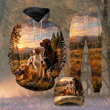Maxcorners Hunting Sunset Hunting Dogs Group Pattern Personalized 3D Combo Hoodie, Sweatpants Set & Cap