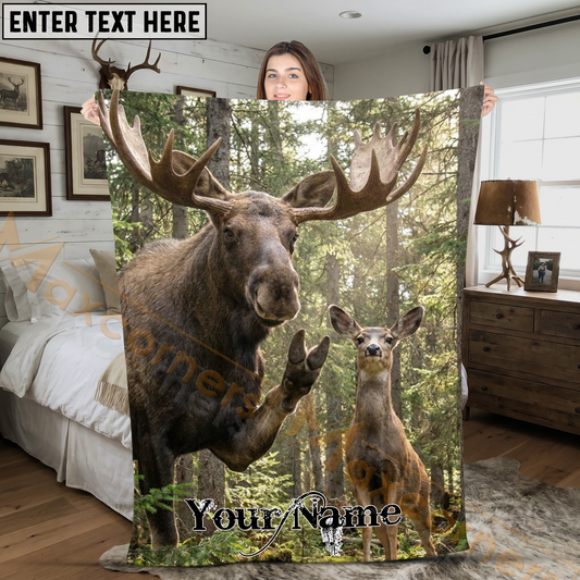 Maxcorners Funny Moose and Deer Friend Selfie Personalized 3D Blanket