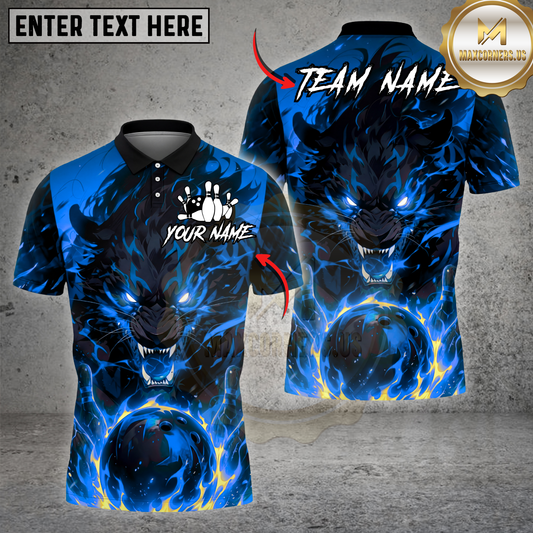 Maxcorners Bowling Shirt Fire Wolf Flaming Ball Dark Beast Graphic Multicolor Options Personalized Name, Team Name 3D Shirt (4 Colors)