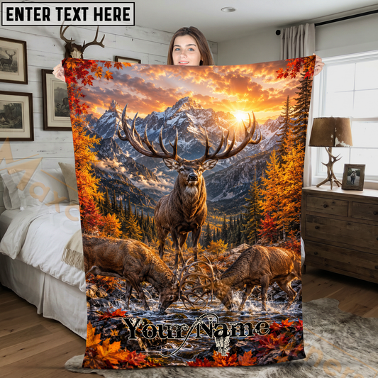 Maxcorners Majestic Elk Fighting in Stream Autumn Mountains Sunset Personalized 3D Blanket