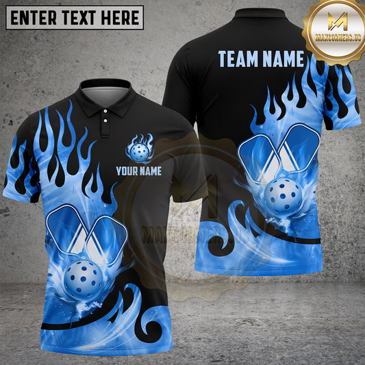 Maxcorners Pickleball Polo Flaming Paddle Ball Tribal Swirl Multiple Options Personalized Name, Team Name 3D Shirt