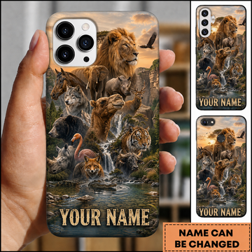 Maxcorners Hunting Animal Kingdom Majestic Lion Wilderness Waterfall Stream Sunset Customized Name Phone Case