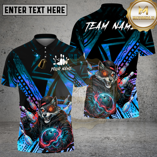 Maxcorners Wolf Bowling Lightning Strike Neon Galaxy Multicolor Options Personalized Name, Team Name 3D Shirt (4 Colors)