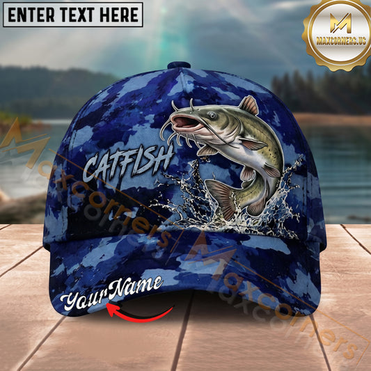 Maxcorners Fishing Splash Artwork Blue Camo Personalized Name 3D Cap (12 Fish Species)